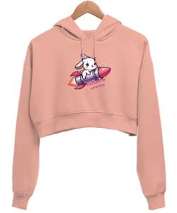 Ruj roketiyle tatlı tavşan Yavru Ağzı Kadın Crop Hoodie Kapüşonlu Sweatshirt