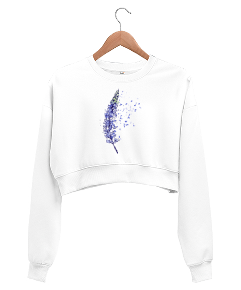 Tisho - Rüzgarda Uçuşan Çiçek Beyaz Kadın Crop Sweatshirt