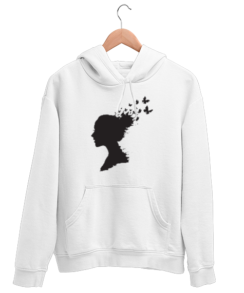 Tisho - Saç ve Uçuşan Kelebekler Beyaz Unisex Kapşonlu Sweatshirt