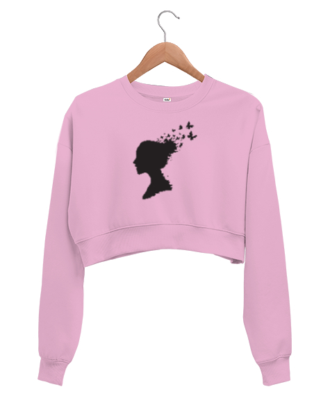 Tisho - Saç ve Uçuşan Kelebekler Pembe Kadın Crop Sweatshirt