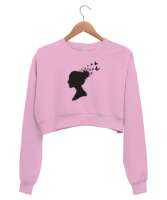 Saç ve Uçuşan Kelebekler Pembe Kadın Crop Sweatshirt - Thumbnail