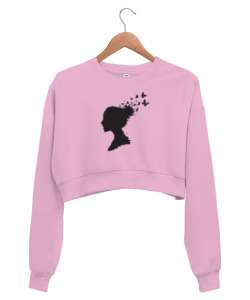 Saç ve Uçuşan Kelebekler Pembe Kadın Crop Sweatshirt