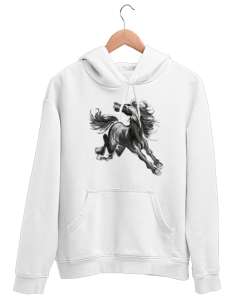 Şahlanan At - Horse Beyaz Unisex Kapşonlu Sweatshirt