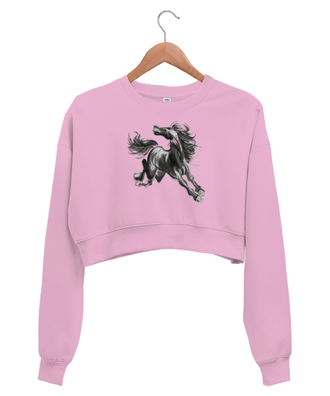 Tisho - Şahlanan At - Horse Pembe Kadın Crop Sweatshirt