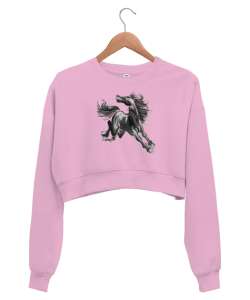 Şahlanan At - Horse Pembe Kadın Crop Sweatshirt