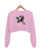 Şahlanan At - Horse Pembe Kadın Crop Sweatshirt - Thumbnail