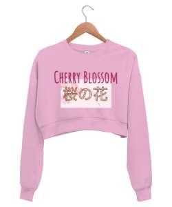 Sakura Ağacı Tasarımı Pembe Kadın Crop Sweatshirt