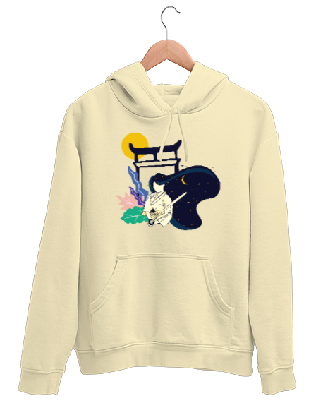 Tisho - Samurai Girl - Samuray Kız Krem Unisex Kapşonlu Sweatshirt