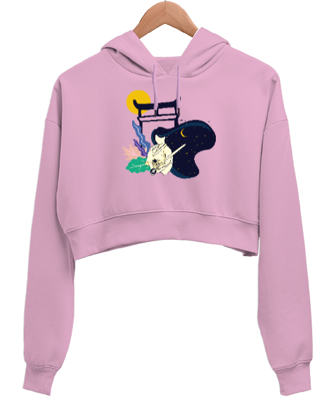 Tisho - Samurai Girl - Samuray Kız Pembe Kadın Crop Hoodie Kapüşonlu Sweatshirt