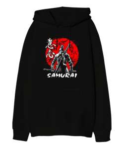 Samurai ninja baskılı Siyah Oversize Unisex Kapüşonlu Sweatshirt