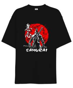 Samurai ninja baskılı Siyah Oversize Unisex Tişört