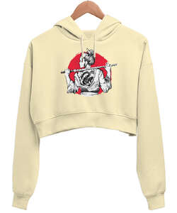 Samurai Woman Krem Kadın Crop Hoodie Kapüşonlu Sweatshirt