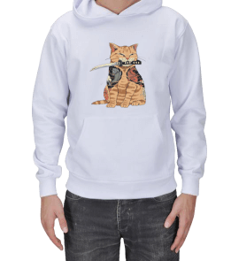 Samuray Kedi Beyaz Sweat Shirt Erkek Kapşonlu