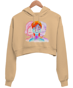 Sanat ve Cinsiyet Baskılı Kadın Crop Hoodie Kapüşonlu Sweatshirt