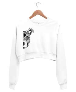 Sanatsal Çizim Kafa - Desen - Beyaz Kadın Crop Sweatshirt