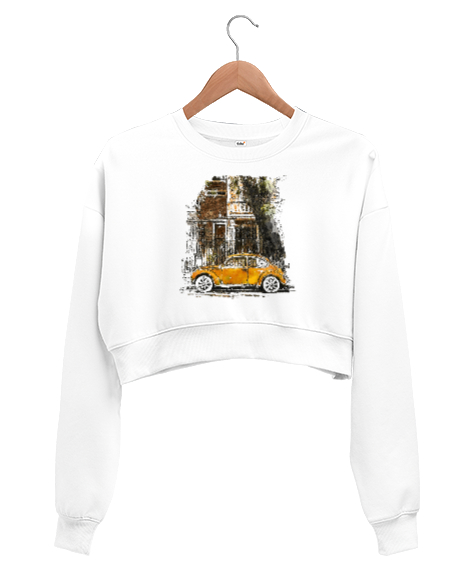 Sanatsal Çizim Resim Beyaz Kadın Crop Sweatshirt