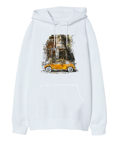 Sanatsal Çizim Resim Beyaz Oversize Unisex Kapüşonlu Sweatshirt