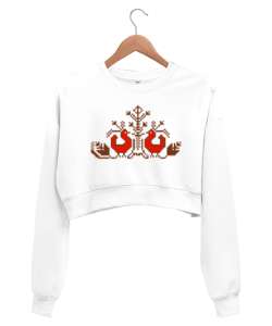 Sanatsal Çizim - Süsleme Beyaz Kadın Crop Sweatshirt