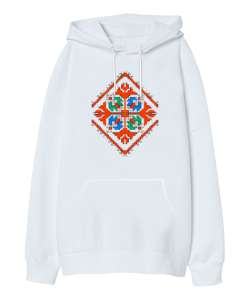 Sanatsal Çizim - Süsleme Beyaz Oversize Unisex Kapüşonlu Sweatshirt