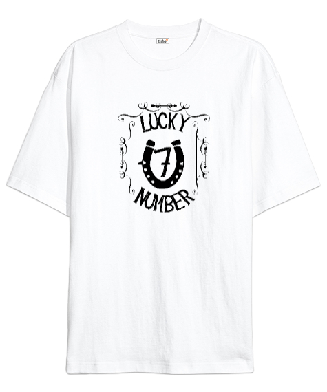 Tisho - Şans, At Nalı, Yedi - 7 - Sayısı - Lucky Beyaz Oversize Unisex Tişört