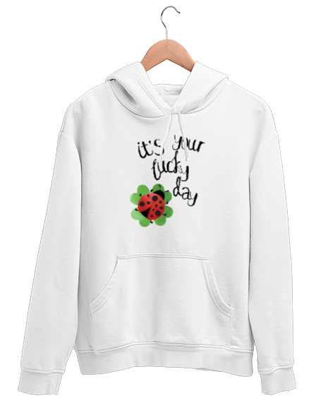 Tisho - Şanslı Günün - Lucky Day - Yonca - Uğur Böceği Beyaz Unisex Kapşonlu Sweatshirt