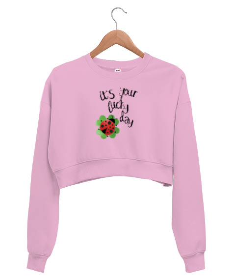 Tisho - Şanslı Günün - Lucky Day - Yonca - Uğur Böceği Pembe Kadın Crop Sweatshirt