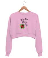 Şanslı Günün - Lucky Day - Yonca - Uğur Böceği Pembe Kadın Crop Sweatshirt - Thumbnail