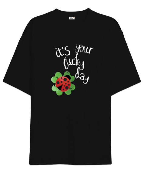 Tisho - Şanslı Günün - Lucky Day - Yonca - Uğur Böceği Siyah Oversize Unisex Tişört