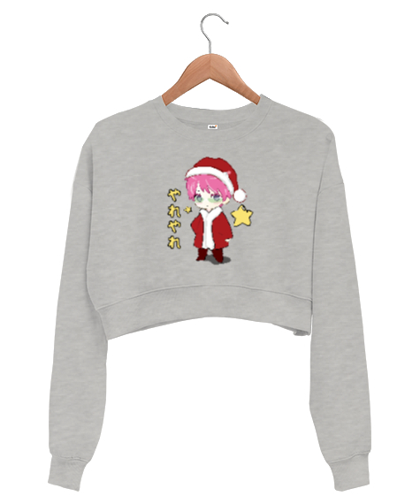 Santa Kusuo Saiki Kusuo Noel Baba Gri Kadın Crop Sweatshirt