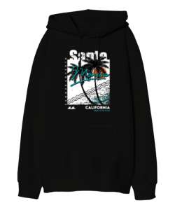 santa monica Siyah Oversize Unisex Kapüşonlu Sweatshirt