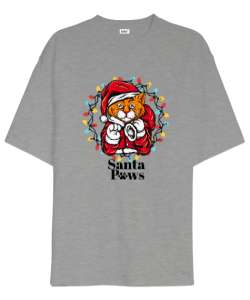 Santa Paws - Noel Kedi Gri Oversize Unisex Tişört