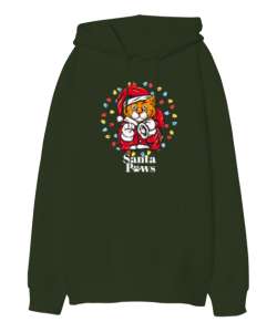 Santa Paws - Noel Kedi Haki Yeşili Oversize Unisex Kapüşonlu Sweatshirt