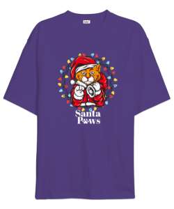 Santa Paws - Noel Kedi Mor Oversize Unisex Tişört