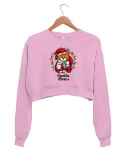 Santa Paws - Noel Kedi Pembe Kadın Crop Sweatshirt