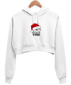 Santa tıme Beyaz Kadın Crop Hoodie Kapüşonlu Sweatshirt