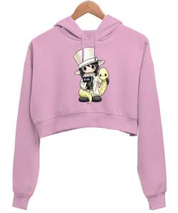 Şapkalı Gizemli Kız Pembe Kadın Crop Hoodie Kapüşonlu Sweatshirt