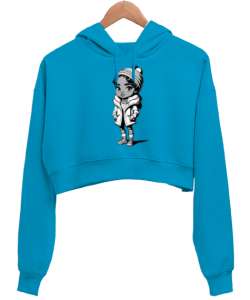 Şapkalı Kız Turkuaz Kadın Crop Hoodie Kapüşonlu Sweatshirt