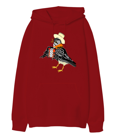 Şarkıcı Kuş - Bird Kırmızı Oversize Unisex Kapüşonlu Sweatshirt