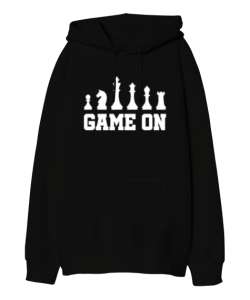 Satranç, Game On, Chess Tasarımı Baskılı Siyah Oversize Unisex Kapüşonlu Sweatshirt