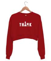 Satranç ve Düşünmek - Think Chess Kırmızı Kadın Crop Sweatshirt - Thumbnail