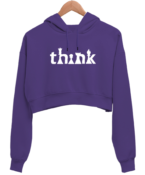 Tisho - Satranç ve Düşünmek - Think Chess V2 Mor Kadın Crop Hoodie Kapüşonlu Sweatshirt