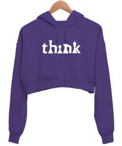 Satranç ve Düşünmek - Think Chess V2 Mor Kadın Crop Hoodie Kapüşonlu Sweatshirt