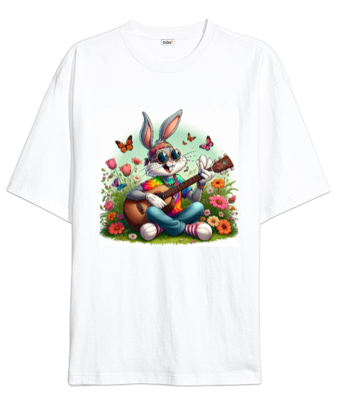 Tisho - SAZ USTASI BUNNY Beyaz Oversize Unisex Tişört