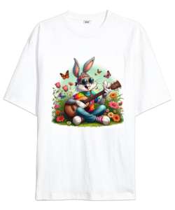 SAZ USTASI BUNNY Beyaz Oversize Unisex Tişört