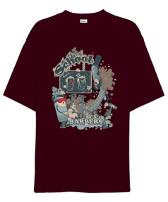 School of Barbers Tasarım Baskılı Bordo Oversize Unisex Tişört