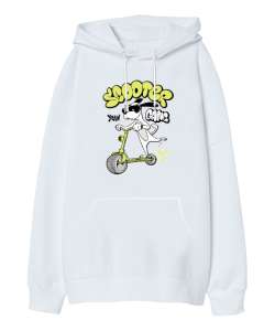 Scooter Dog - Gözlüklü Havalı Köpek Beyaz Oversize Unisex Kapüşonlu Sweatshirt