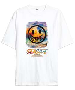 SeaSide Smile Tasarım Baskılı Beyaz Oversize Unisex Tişört