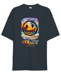 SeaSide Smile Tasarım Baskılı Füme Oversize Unisex Tişört