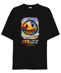 SeaSide Smile Tasarım Baskılı Siyah Oversize Unisex Tişört