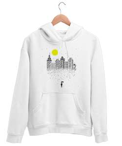 Şehir Yağmuru Beyaz Unisex Kapşonlu Sweatshirt